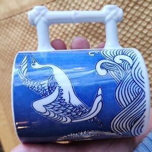 Blue Crane Art Mug Good Luck Bamboo Look Handle Oriental Asian Japanese